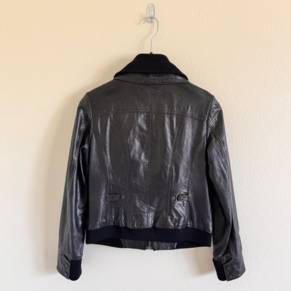 Cole Haan Lambskin Leather Jacket Black Moto Wool Removable Collar M Medium Zip - Picture 2 of 10